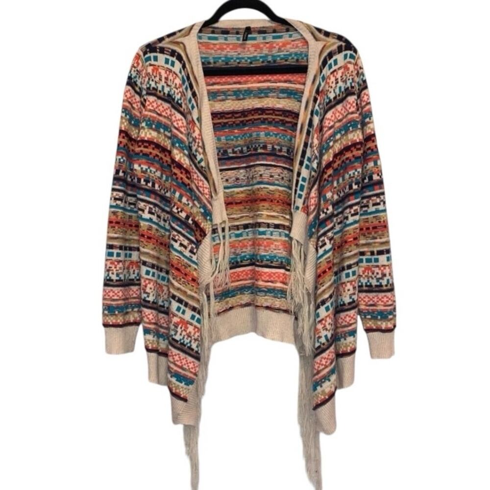Boho Aztec Print Tribal Open Front Cardigan Waterfall Drape Sweater